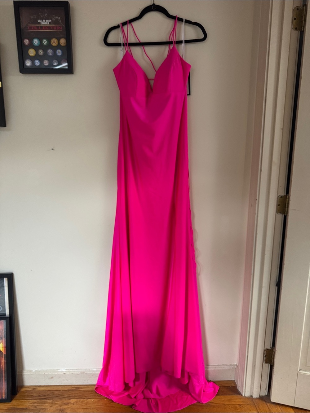 Hot Pink Strappy V-Neck Corset zipper back formal evening prom dress